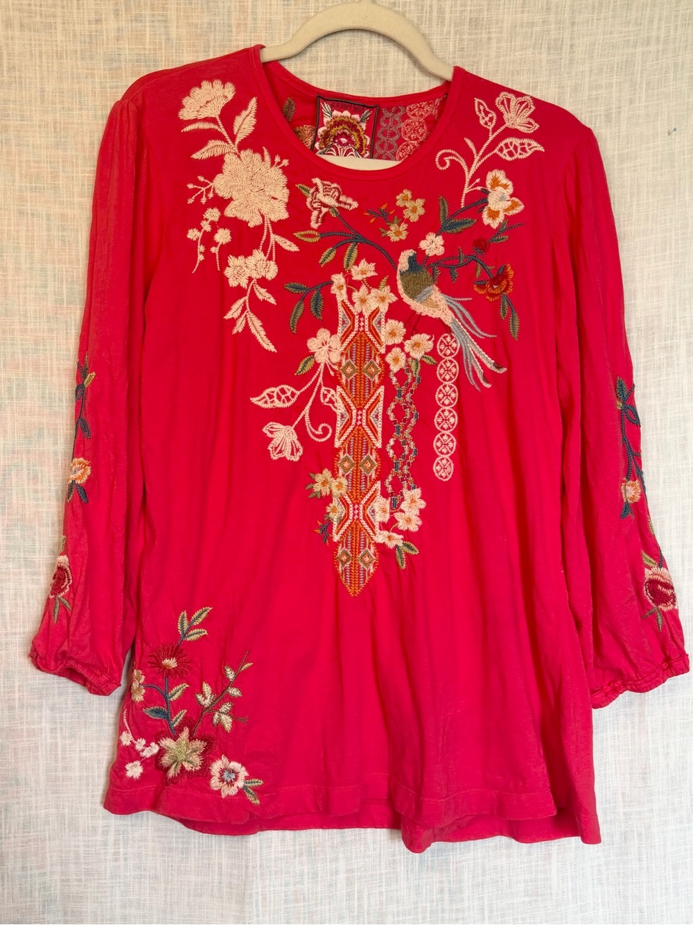 Johnny Was Ellia Fuchsia Embroidered Bird Floral Tunic Boho Cottagecore M - Picture 4 of 15